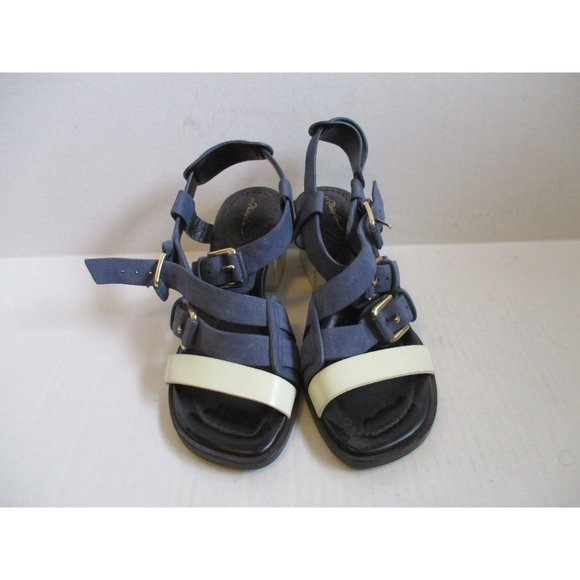 **3.1 Phillip Lim Slate Blue Suede and White Leather Strappy Block Heel Sandals - Picture 3 of 8
